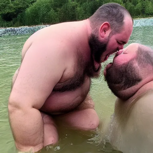 Prompt: a leaked photo of a screaming, hairy, fat man that is wearing a swimsuit and kissing the worlds largest toad