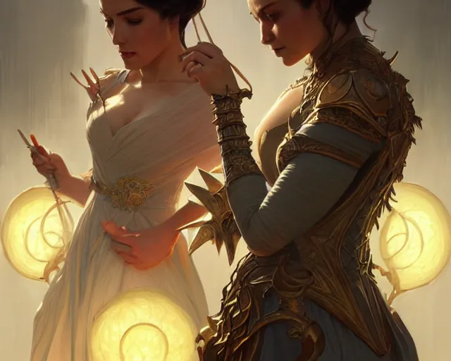 Image similar to two ronnies, deep focus, d & d, fantasy, intricate, elegant, highly detailed, digital painting, artstation, concept art, matte, sharp focus, illustration, hearthstone, art by artgerm and greg rutkowski and alphonse mucha