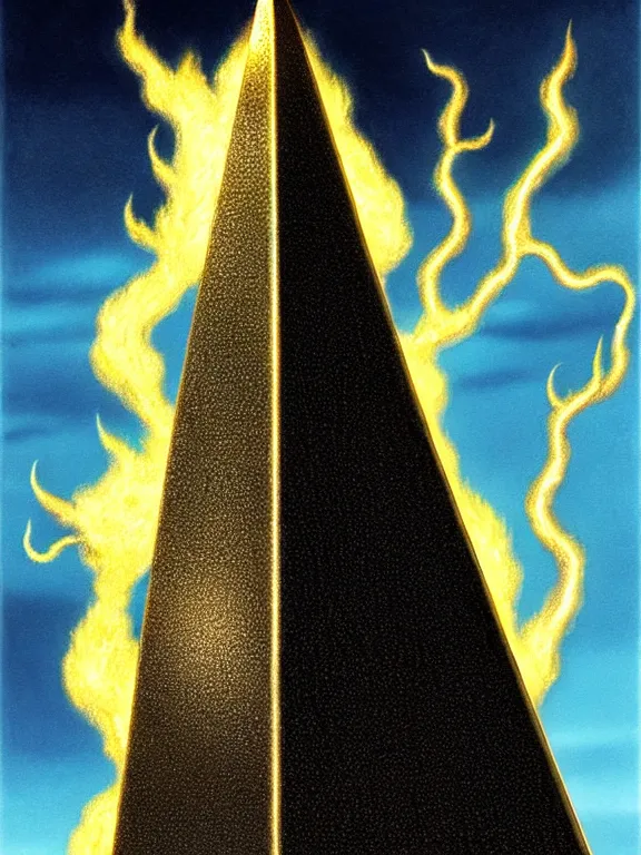 Image similar to savage electric flames of gold and silver engulfing an obsidian obelisk by ed emshwiller, rococo, smoky, beautiful, mythical, mystical, highly detailed, hyperrealistic, energy, low light, high contrast, lifelike, bright sky