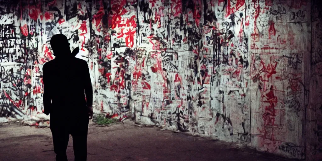 Image similar to style of wong kar - wai, background blur, a view of a killer's back figure viewed from behind, with mask, nighttime, cinematic, movie scene, high details, vivid