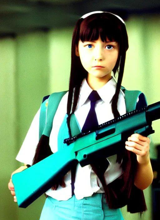 Prompt: Turquoise haired school-girl in a soviet school uniform holding an assault rifle, still from Serial Experiments Lain, high resolution