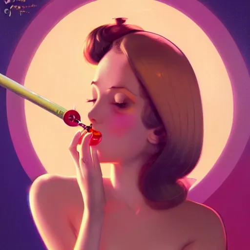 Image similar to a cute female character smoking a joint, psychedelic art,, by greg rutkowski, gil elvgren, earl moran, enoch bolles, glossy skin, pearlescent, anime, maxim magazine, morandi color scheme, art station, by ilya kuvshinov h 6 4 0