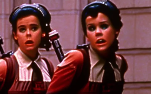 Image similar to full - color cinematic movie still from the 1 9 8 4 film ghostbusters starring young jennifer connelly and alyssa milano and lea thompson as ghostbusters. detailed facial - features ; supernatural ; action ; comedy.