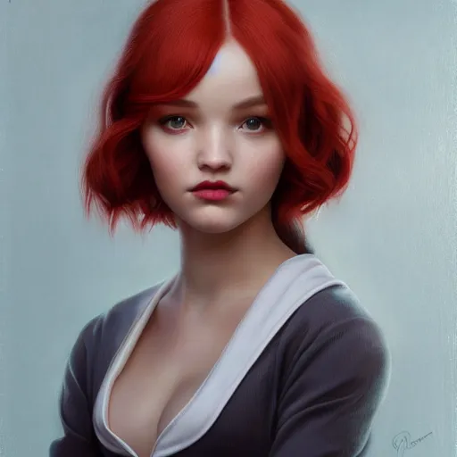 Prompt: tom bagshaw portrait, beautiful mix of dove cameron madison beer bella poarch in a full sailor suit, short redhead, professionally retouched, focus eyes, ultra realistic soft painting, insanely detailed linework, symmetrical accurate intricate features, behance, 8 k, no text