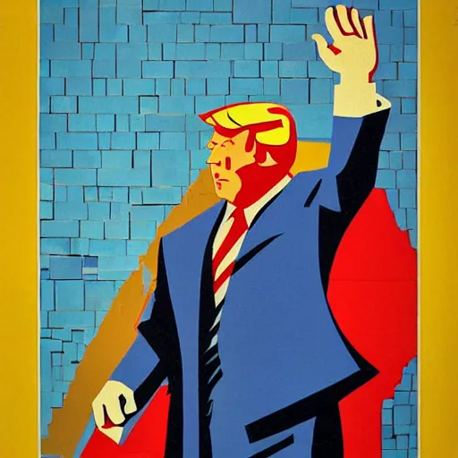 Prompt: a colorful Soviet propaganda poster of Donald trumps face looking at the, mosaic, high contrast,