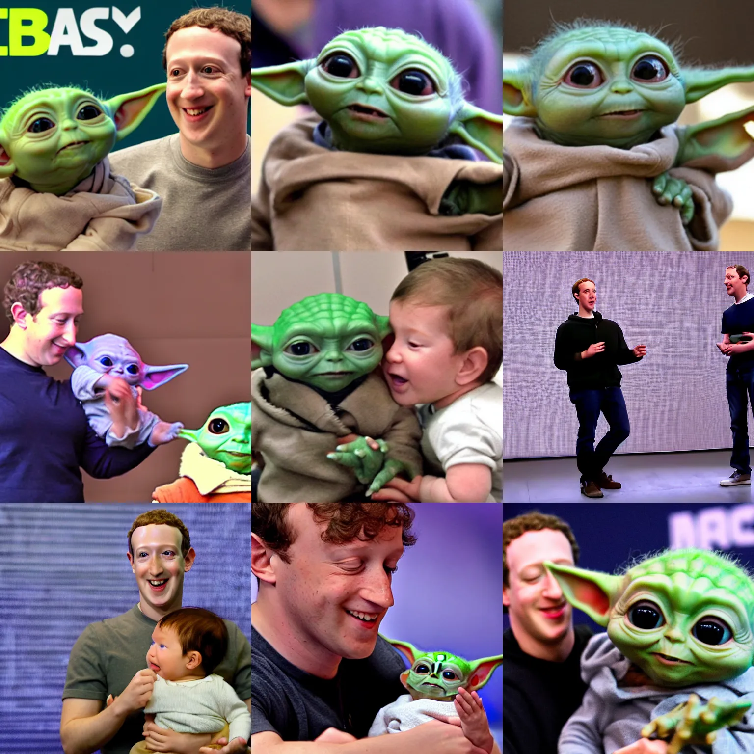 Prompt: marc zuckerberg teaches baby yoda human enotions