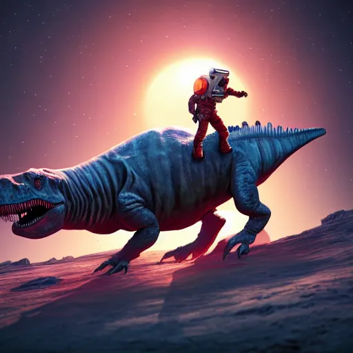 Image similar to A hyper real comic book style portait painting of an atronaut rides a dinosaur on the moon, unreal 5, hyperrealistic, octane render, cosplay, RPG portrait, dynamic lighting