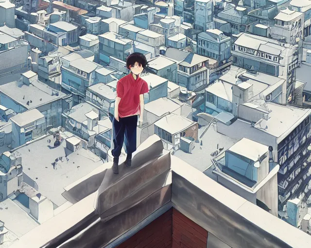 Prompt: teen standing on the roof of a building, wearing white collared shirt, back turned, looking up, illustration, by pine ( ハイネ ) and 薯 子 imoko and 香 川 悠 作 and wlop and maya takamura, highly detailed, trending artstation, pixiv, digital art