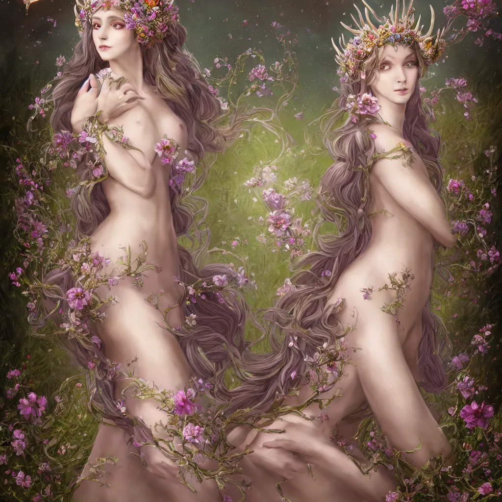 Image similar to A beautiful fantasy empress, highly detailed full body, just one head, flower tiara, long hair, wearing dramatic aristocrat robe, delicate figure, field of fantasy flowers, foxes and deer, epic composition, ultra wide-shot, dynamic pose, concept art, dramatic lighting, digital painting, smooth, character design, ((sharp focus)), elegant, intricate, artstation, by WLOP and James Jean and Victo Ngai