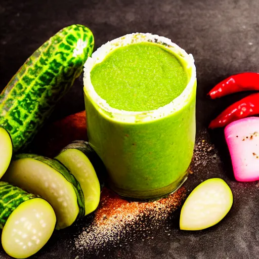 Prompt: high quality food photography, blended pickle smoothie, pickles floating, pickle garnish, salted rim, bubbling