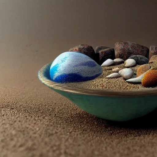 Prompt: a beach and ocean and sky in a ceramic bowl, hyper realistic, highly detailed, photorealism, microcosm, diorama