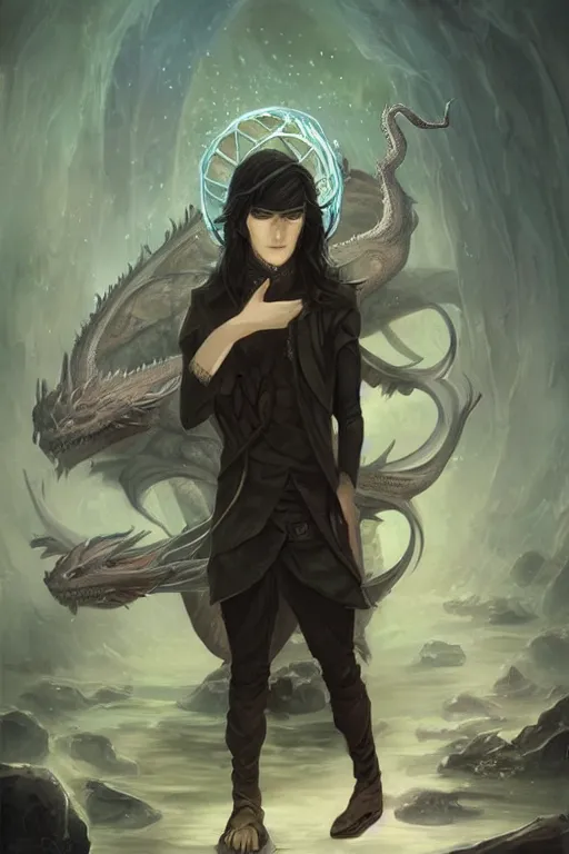 Image similar to portrait of elven teenage boy mage with long black hair holding dragon egg digital painting modern fantasy webtoon manhwa concept art by peter mohrbacher wlop