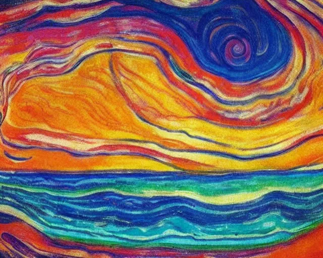 Image similar to Ocean waves in a psychedelic dream world. DMT. Landscape painting by Edvard Munch.