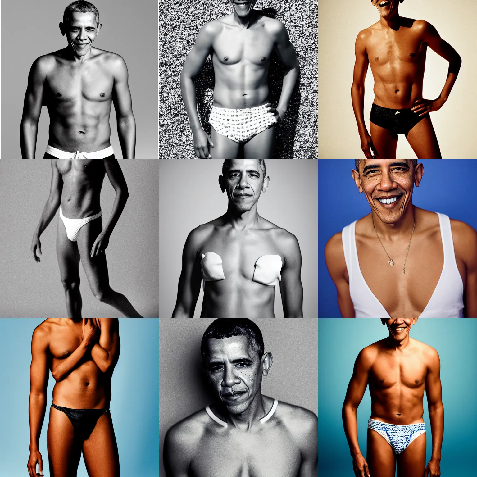Prompt: Photo of Barack Obama in swimsuit, soft studio lighting, photo taken by Terry Richardson for Abercrombie and Fitch, award-winning photograph, 24mm f/1.4