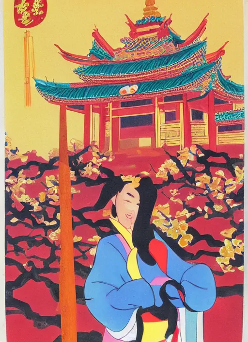 Image similar to mulan in front of chinese temple, by mary blair