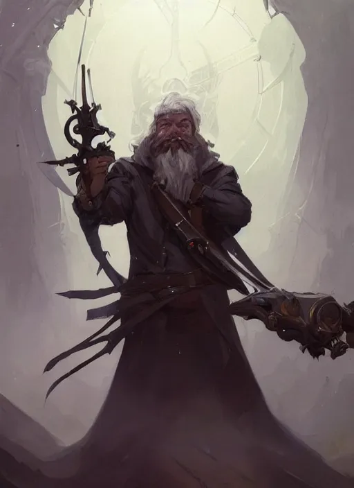 Image similar to low angle picture of a weapon master, holding a ego weapons to the camera, long black jacket, neat white beard and hair, bored, tired, ego weapons all over the place, smoking with squat down pose, highly detailed face, deep eyes, intricate, masterpiece, epic fantasy illustrations by peter mohrbacher and anato finnstark and jeremy lipking