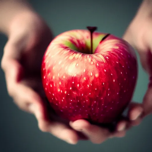 Image similar to Realistic photo of a red apple in an old man\'s Hand, HD, trending on artstation, 8k, beautiful photo, artistic photography