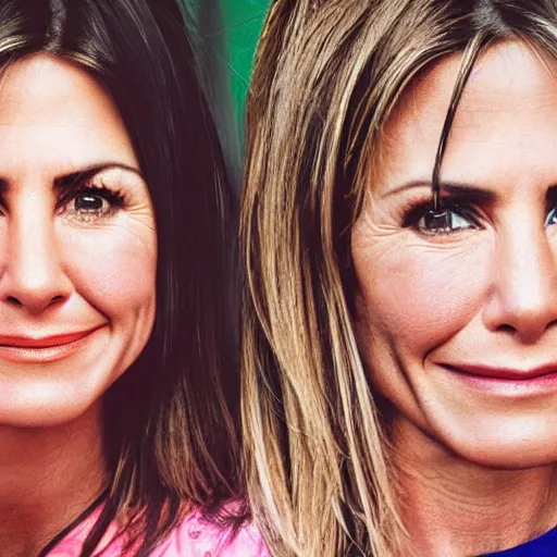 Image similar to old jennifer anniston and courtney cox actress at age 1 5 0 years old, color ( sony a 7 r iv, symmetric balance, polarizing filter, photolab, lightroom, 4 k, dolby vision, photography award ), vogue, perfect face