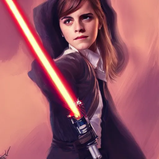 Image similar to emma watson holding a lightsaber, by wlop, trending on artstation, concept art, illustration, intricate, ornate, 8 k, highly detailed