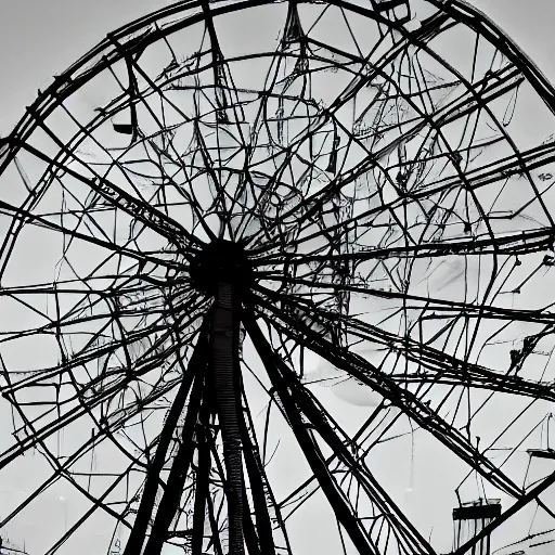 Image similar to an old abandoned rusty ferris wheel, in a town filled with pale yellow mist. Dystopian. Award-winning colored photo. OM system 12–40mm PRO II 40mm, 1/100 sec, f/2 8, ISO 800