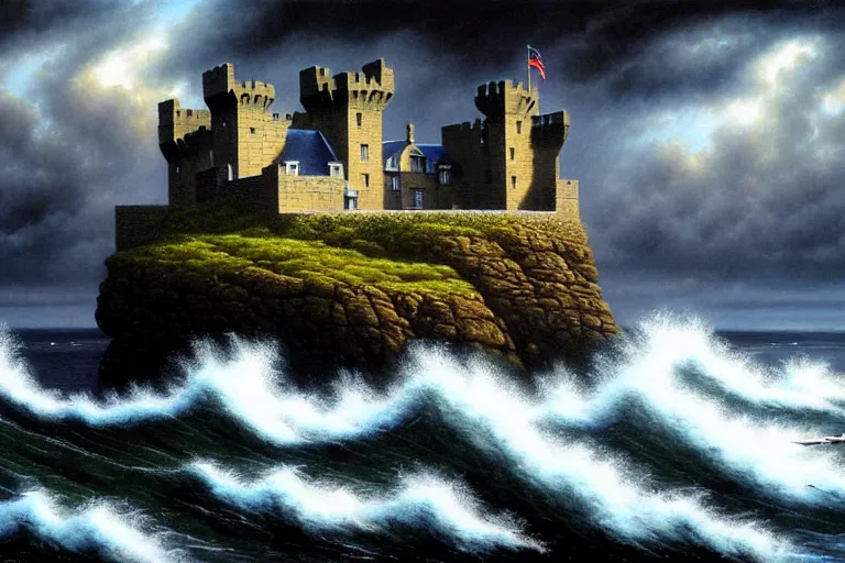 Prompt: a landscape of an irish castle on a seaside cliff, dark clouds, waves crashing, fantasy painting by michael whelan and mort kunstler, 4 k, hd, award winning, intricate details