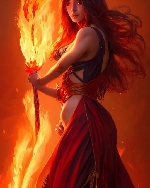 Image similar to beautiful long haired girl, fire dress, full body photo, flames everywhere, highly detailed, digital painting, artstation, concept art, smooth, sharp focus, illustration, art by artgerm and greg rutkowski and alphonse mucha