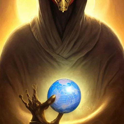 Image similar to masked nomad male wearing a cloak on an alien world and holding a holographic planet projection in his hand, detailed, sci - fi, digital painting, artstation, sharp focus, illustration, ominous, artgerm, tomasz alen kopera, peter mohrbacher, donato giancola, joseph christian leyendecker, wlop, frank frazetta