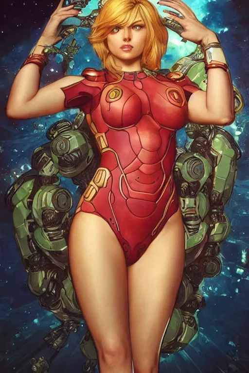 Image similar to samus aran metroid : : kate upton body : : christina hendricks : : portrait : : full body : : decadent highly - detailed digital artwork : : art by mucha and rutkowski, artstation, master prime lenses, cinematic