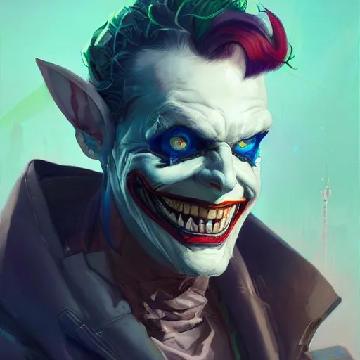 Image similar to portrait of a cybernetic joker, cyberpunk concept art by pete mohrbacher and artgerm and wlop and greg rutkowski and deathburger, digital art, highly detailed, intricate, sci-fi, sharp focus, Trending on Artstation HQ, deviantart, unreal engine 5, 4K UHD image