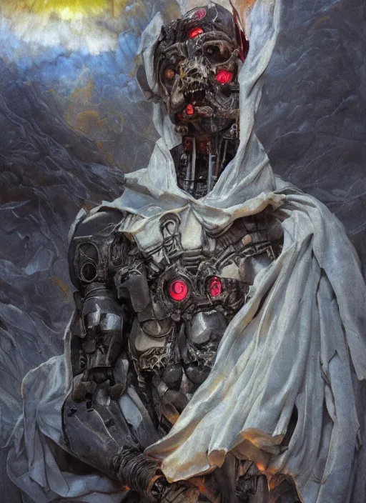 Image similar to portrait of a diabolical marble stone cyborg, wearing torn white cape, dynamic pose, glowing eyes, post apocalyptic ancient ruins, glowing veins subsurface scattering, in clouds, sunset, portrait, by gerald brom, by mikhail vrubel, by peter elson, muted colors, extreme detail, trending on artstation, 8 k