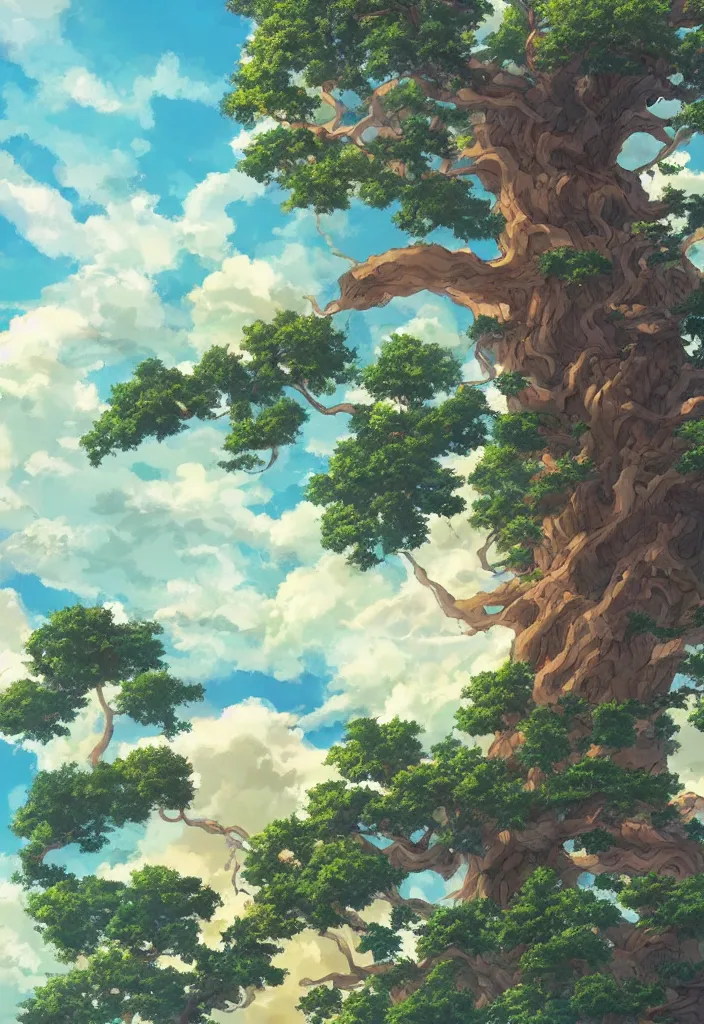 Prompt: a gigantic oak reaching the sky, detailed clouds, sunbeams, heavenly color scheme, studio ghibli scheme