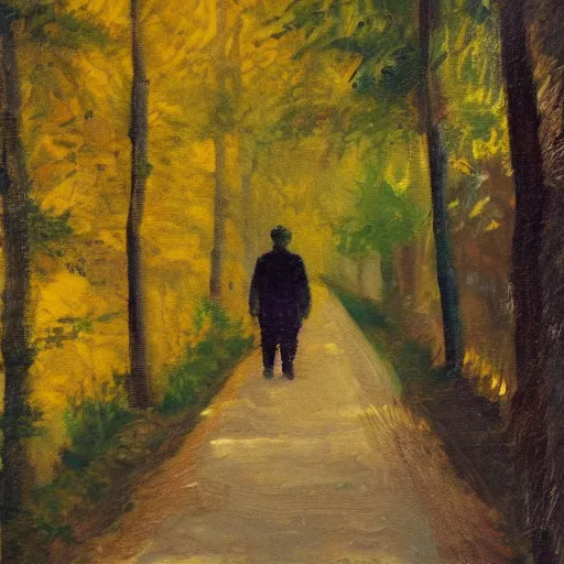 Prompt: A man walking on a path in the woods, he’s holding a flashlight, impressionist art