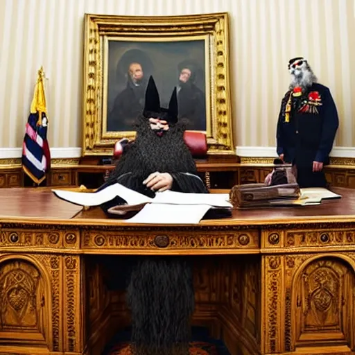 Prompt: professional portrait of Vermin Supreme sitting in the oval office desk, 8k, very intricate, very detailed, cinematic,