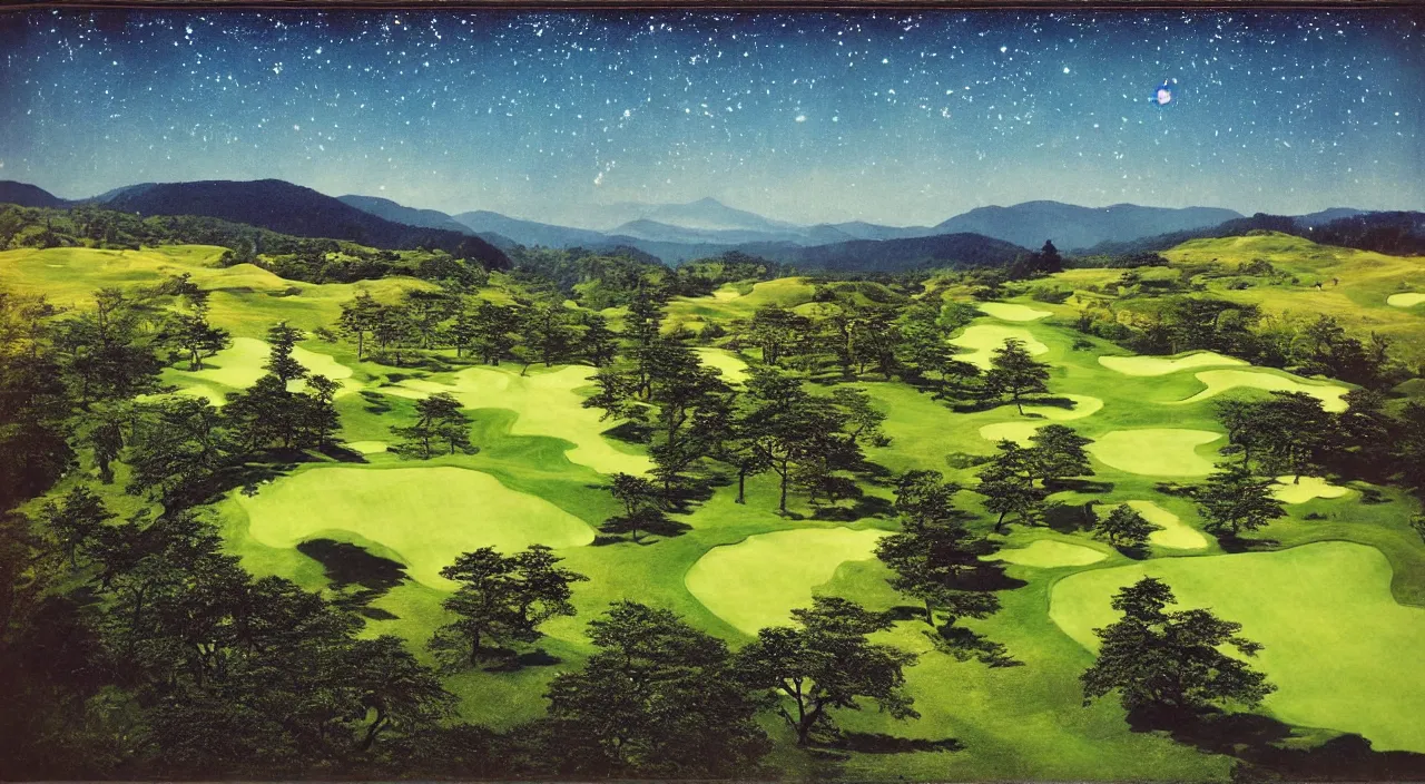 Image similar to panorama, aerial view birds eye view of a perfect infinite elysian dreamlike green hilly pastoral astral psychedelic golf course stone wall landscape with cherished trees, stone walls under cosmic stars, cherished trees, memory trapped in eternal time, golden hour, dark sky, evening starlight, peaceful haunted vintage psychedelic painted polaroid by hiroshi yoshida