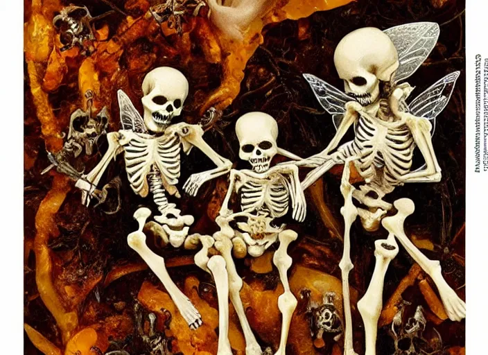 Image similar to skeleton fairy and tooth fairy and bone fairy collect the skulls together painting carved in amber by chiara bautista and norman rockwell and greg rutkowski weta studio