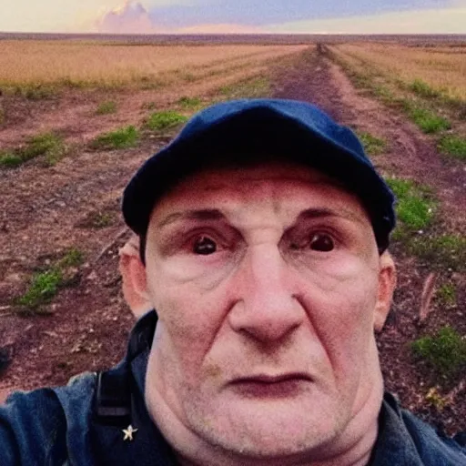 Image similar to a ukrainian with a simultaneously sad and creepy facial expression against the background of a nuclear explosion without legs and arms, selfie 2 0 2 2