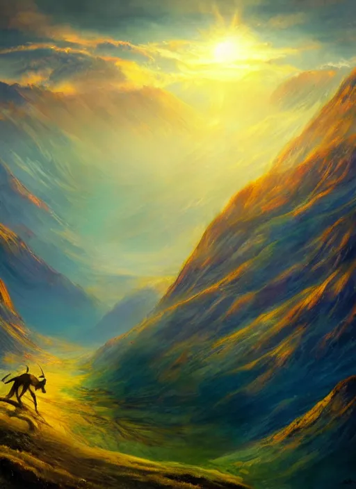 Prompt: a beautiful concept art painting of a sunrise on a peruvian mountain, beautiful lighting, fantasy art