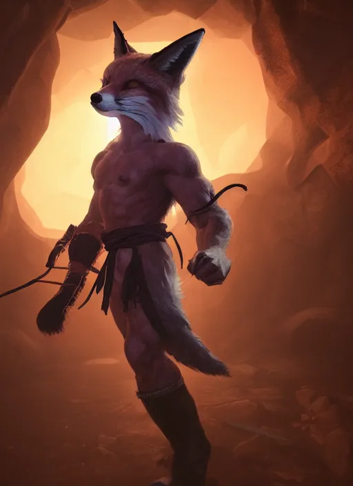 Image similar to A fantasy comic book style portrait painting of a fox person training martial arts in a cavern setting, unreal 5, DAZ, hyperrealistic, octane render, RPG portrait, ambient light, dynamic lighting