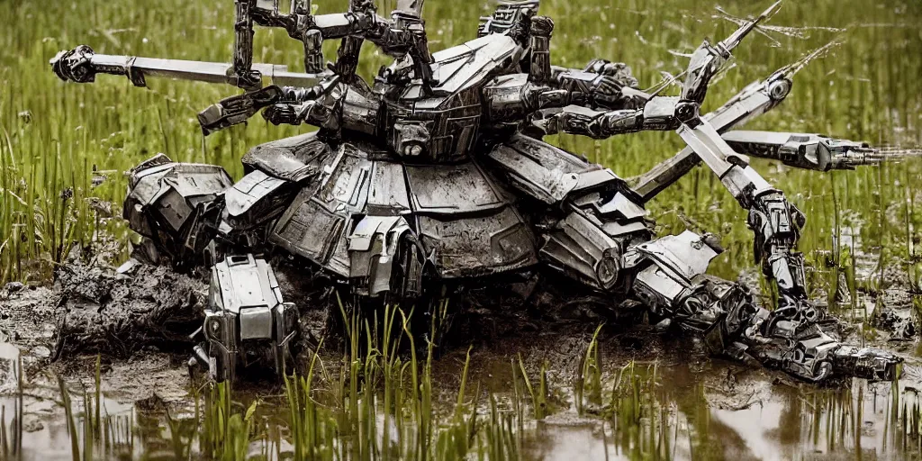 Prompt: a powefull spider shapped battle mecha with a rail gun turet, rockets lauchers, plasma gun, in a battlefield, mud, water, swamp, reeds, natural light, war phtography, by annie leibowitz