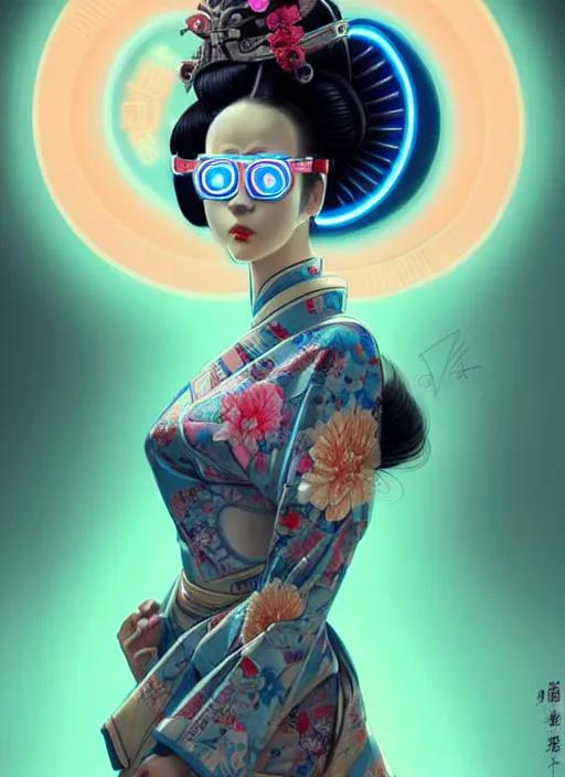 Image similar to wide angle portrait shot of female japanese android wearing a vr eyewear and a very detailed and intricate geisha kimono dress, intricate detail, cyber neon lighting, highly detailed, artstation, glamor pose, concept art, art by peter mohrbacher and boris vallejo and liam wong, pinterest, artstation, digital painting,