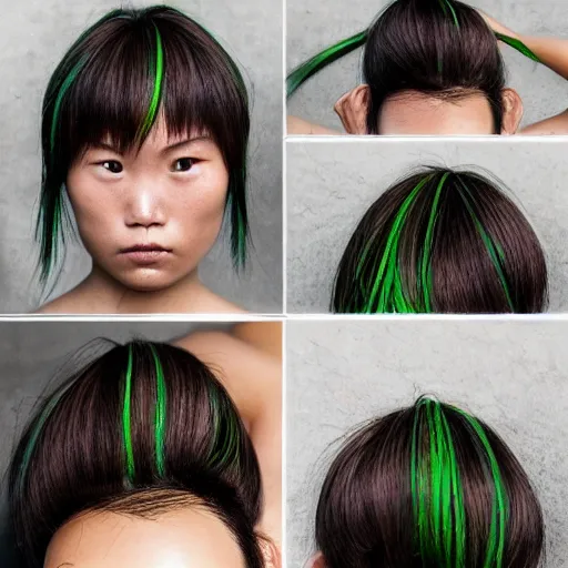 Prompt: beautiful tanned Vietnamese boulderer, green streaks in hair, trending on instagram, portrait, photorealistic,