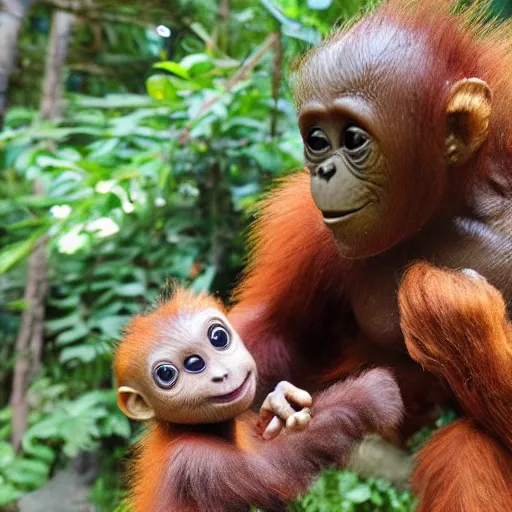 Prompt: Little Groot playing with a baby orangutan by Disney