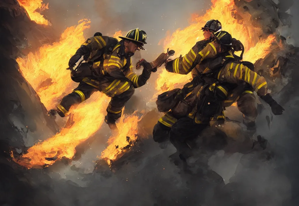 Image similar to one heroic firefighter in action in black and yellow uniform, fire flames, sharp details, sharp focus, realistic, highly detailed, illustration, by jordan grimmer and greg rutkowski and pine ( ハイネ ) and 薯 子 imoko and 香 川 悠 作 and wlop and maya takamura, intricate