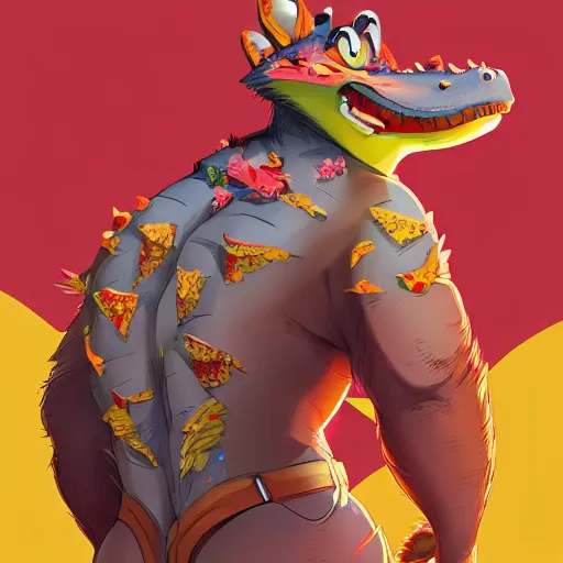 Prompt: in the style of artgerm, loish and ross tran, anthropomorphic alligator, red scales on his back, yellow scale on his belly and chest, male, waring a hawaiian shirt, in the style of zootopia