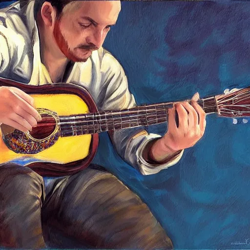 Image similar to andy mckee playing guitar, wonderful expressive portrait painting of youtube musician andy mckee doing his finger tap technique
