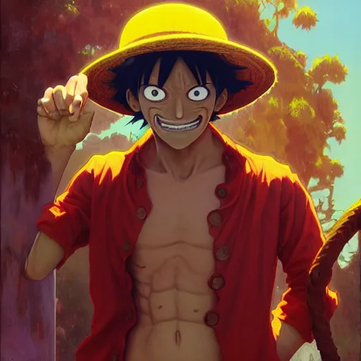 Image similar to highly detailed vfx portrait of monkey d. luffy, stephen bliss, greg rutkowski, loish, rhads, beeple, makoto shinkai, tom bagshaw, alphonse mucha, global illumination, sharp focus, art by artgerm and greg rutkowski, stanley kubrick, best of behance, cinematic lighting, frowning,