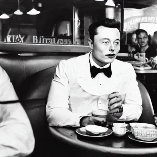 Prompt: elon musk in a diner eating pancakes in a tuxedo in 1920