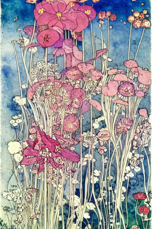 Prompt: flowers on watercolor paper background art by kay nielsen and walter crane, illustration style, watercolor