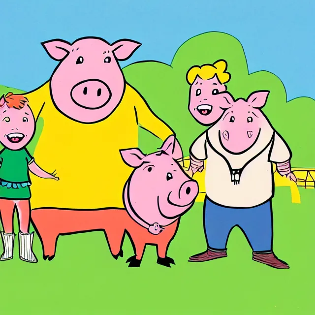 Image similar to children's book cover illustration for the boarenstain boars, cartoon boar family wearing clothing, in the style of stan and jan berenstain.