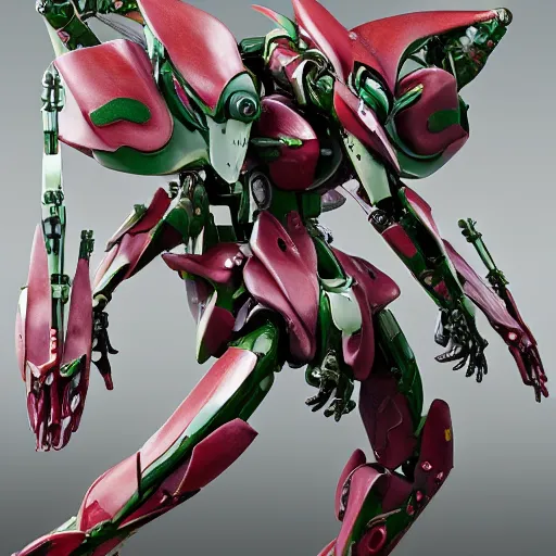 Image similar to futuristic nuphar japonica mecha spatterdock body, sepals forming helmet, floral details, nuphar, 8 k hd resolution, barbatos gundam with floral inlay, bandai box art, star wars, makoto kobayashi, frank gehry, raymond swanland